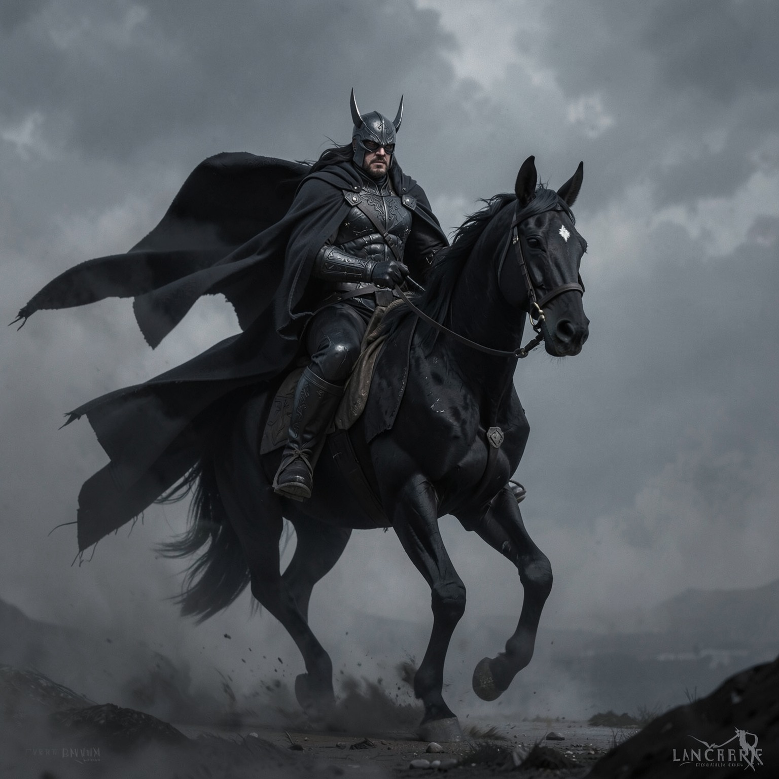 dark knight riding black horse through fog