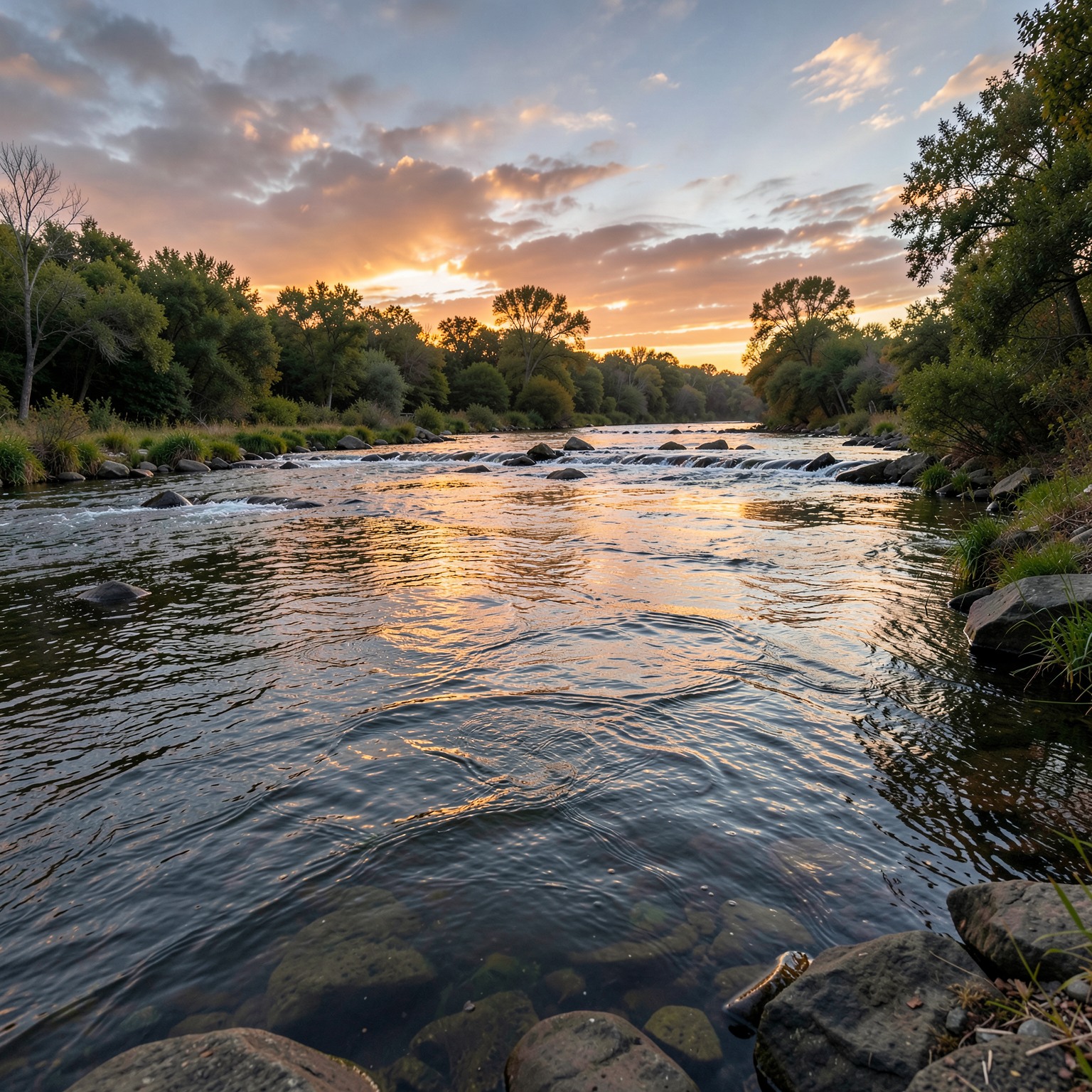 Photo-realistic editorial photography, realistic scene representing river at sunrise