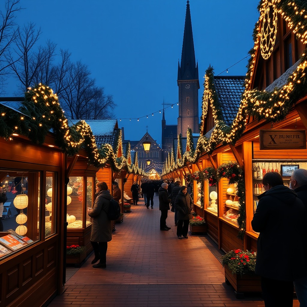 christmas market in europe, wooden stalls, glowing lights, cinematic atmosphere