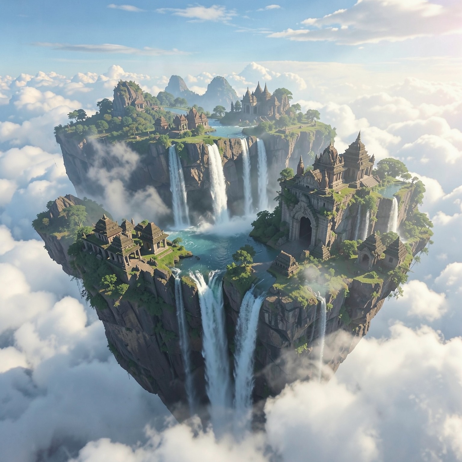 floating islands above clouds with waterfalls and ancient temples