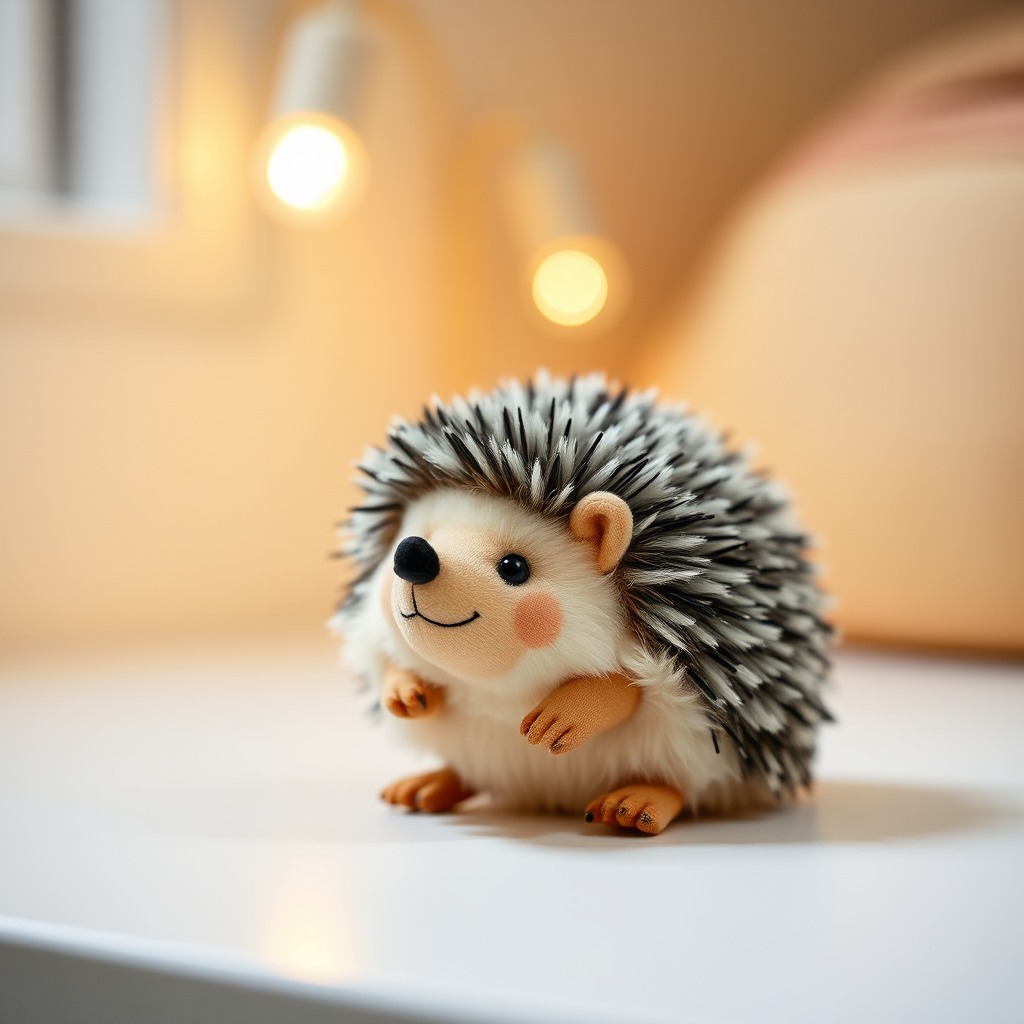 playful hedgehog, cozy indoor light, plush toy proportions