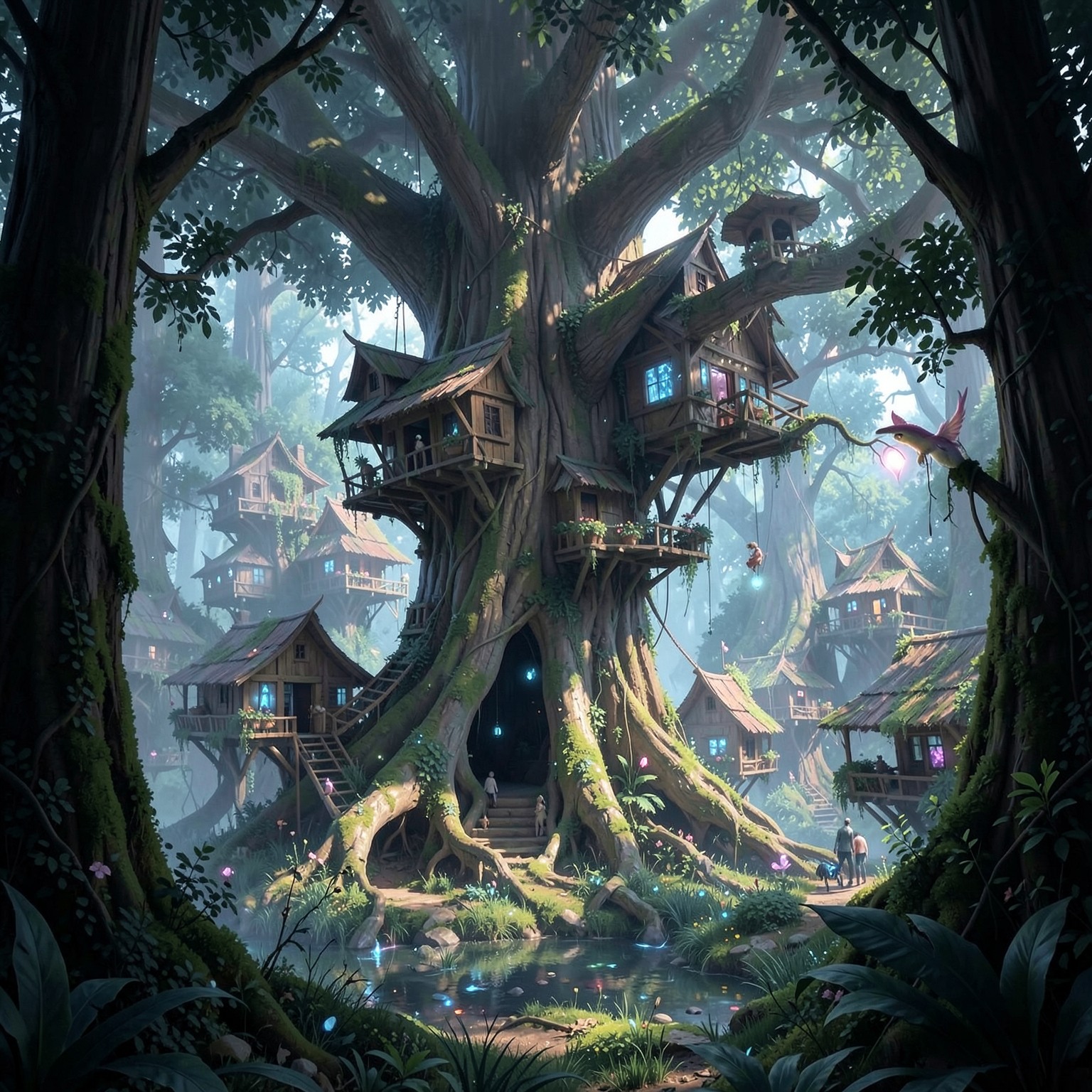 giant tree house village inside magical forest