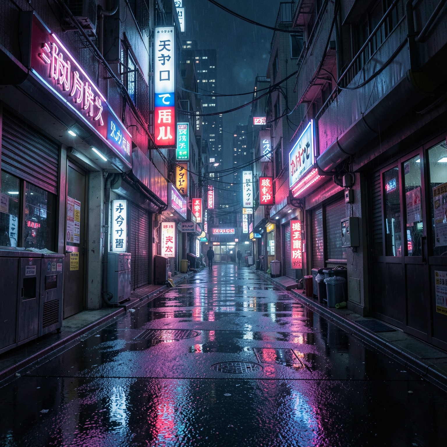 futuristic cyberpunk alley in Tokyo at night, neon reflections on wet asphalt, cinematic lighting, ultra detailed, flux style