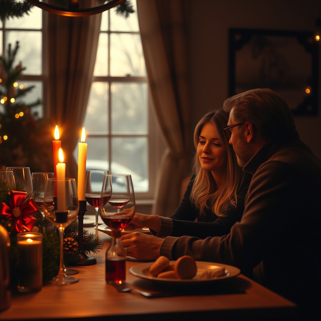 romantic candlelit christmas dinner, warm tones, cinematic realism