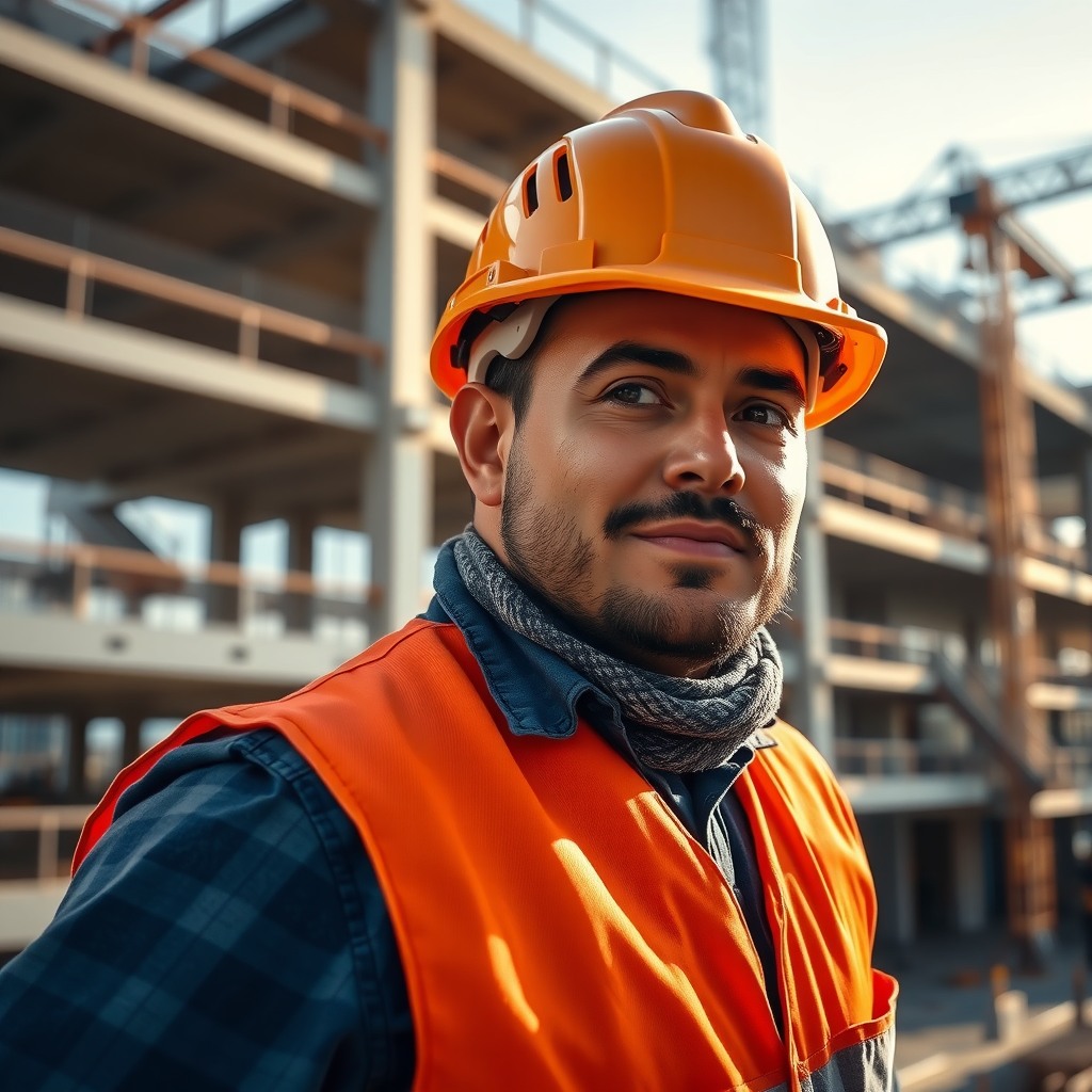 Photo-realistic editorial photography, realistic scene representing a construction worker wearing helmet on modern building site, natural sunlight