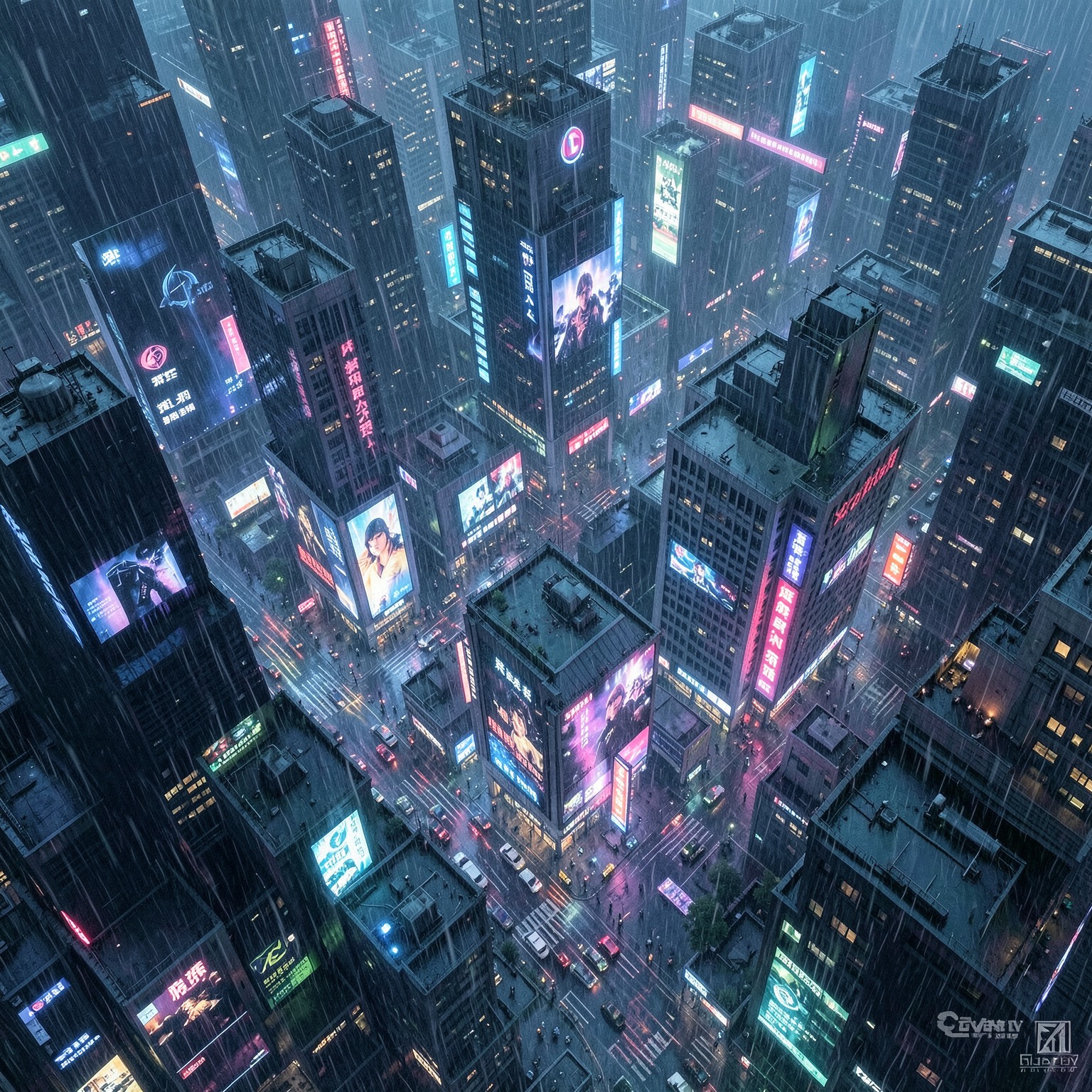 cyberpunk city from above during rainfall