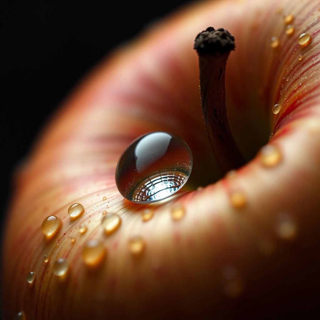 ultra realistic apple macro, water droplets, studio lighting, sharp focus