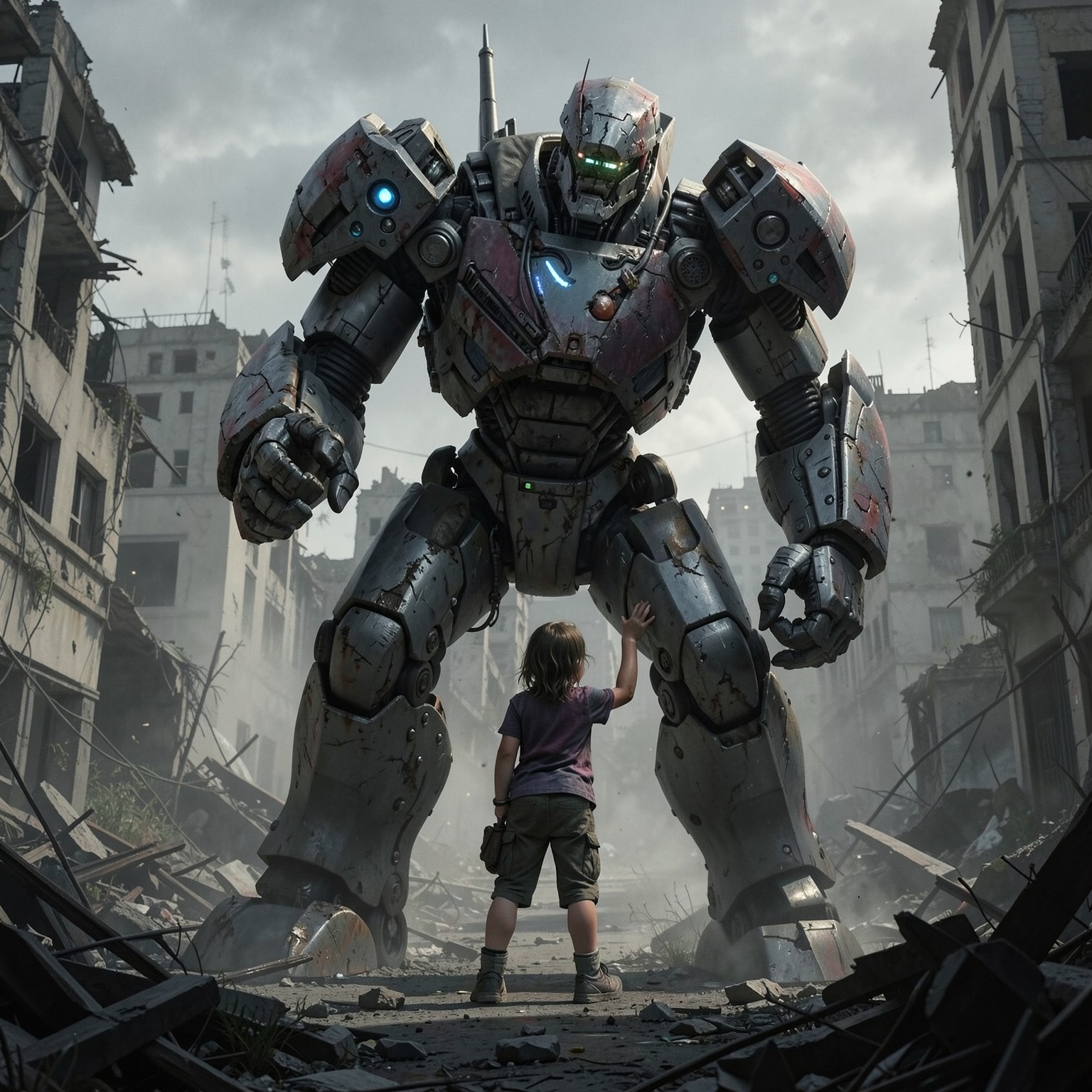 giant robot protecting a small child in ruined city, emotional cinematic scene