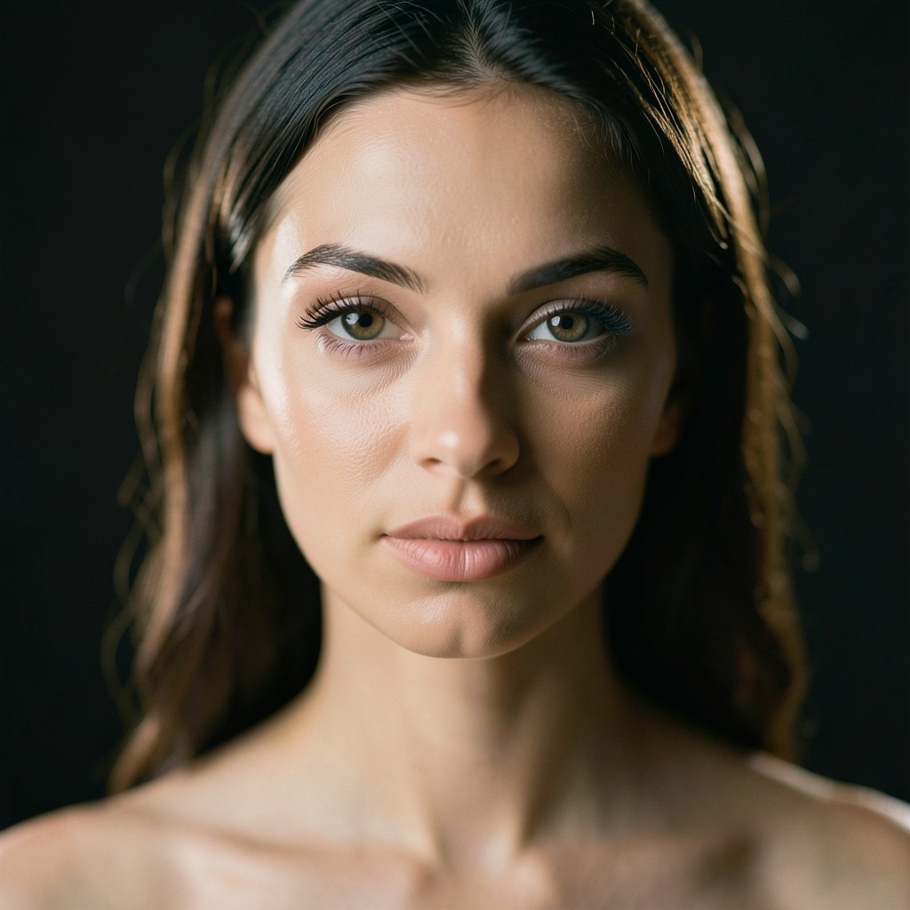 cinematic close-up portrait of a beautiful woman, soft rim light, dark background, realistic skin, detailed eyes, shallow depth of field, movie still look