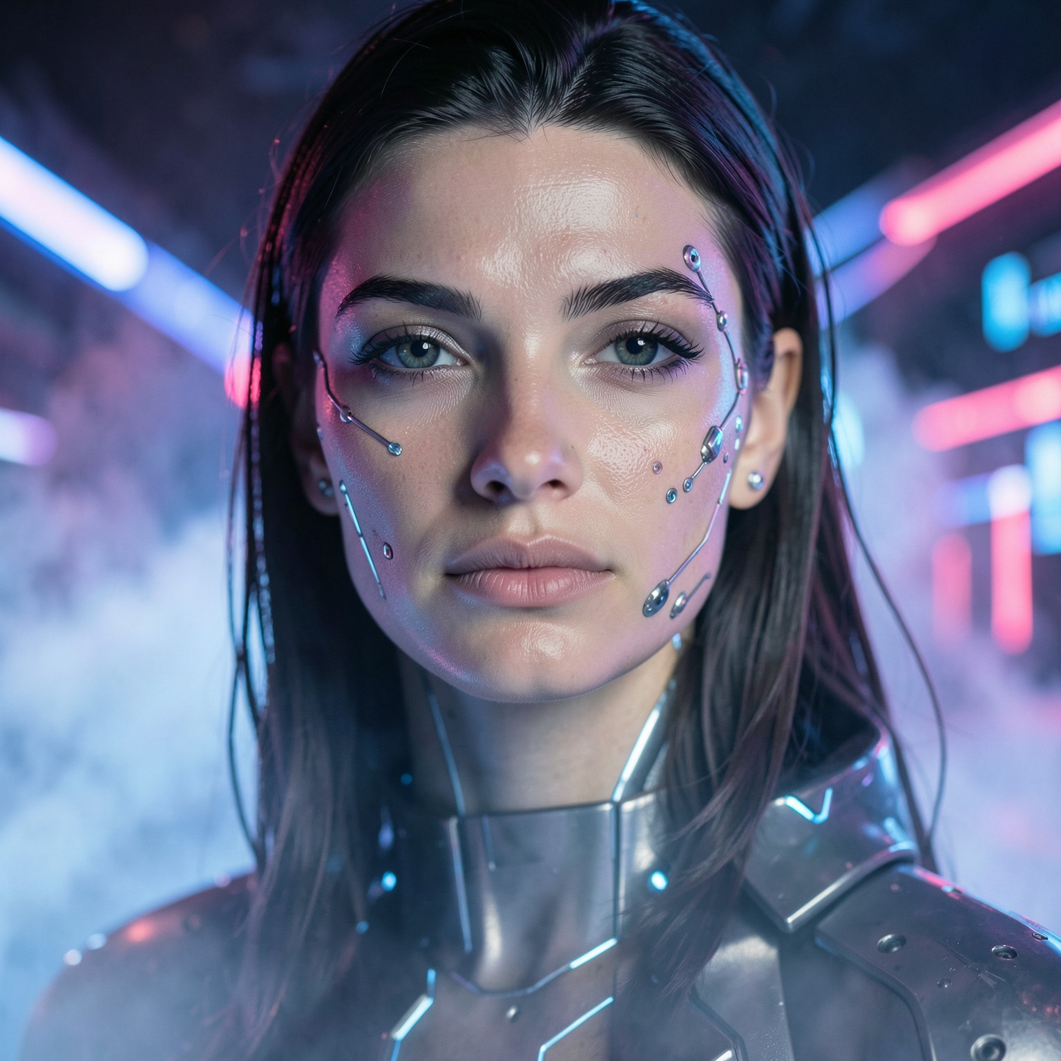 portrait of a futuristic woman with subtle cybernetic implants, calm expression, detailed face, sharp eyes, synthwave, volumetric fog light, euphoric, 50mm lens