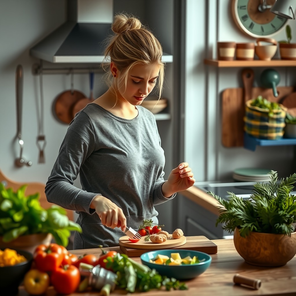 Photo-realistic editorial photography, realistic scene representing a woman preparing healthy meal in kitchen