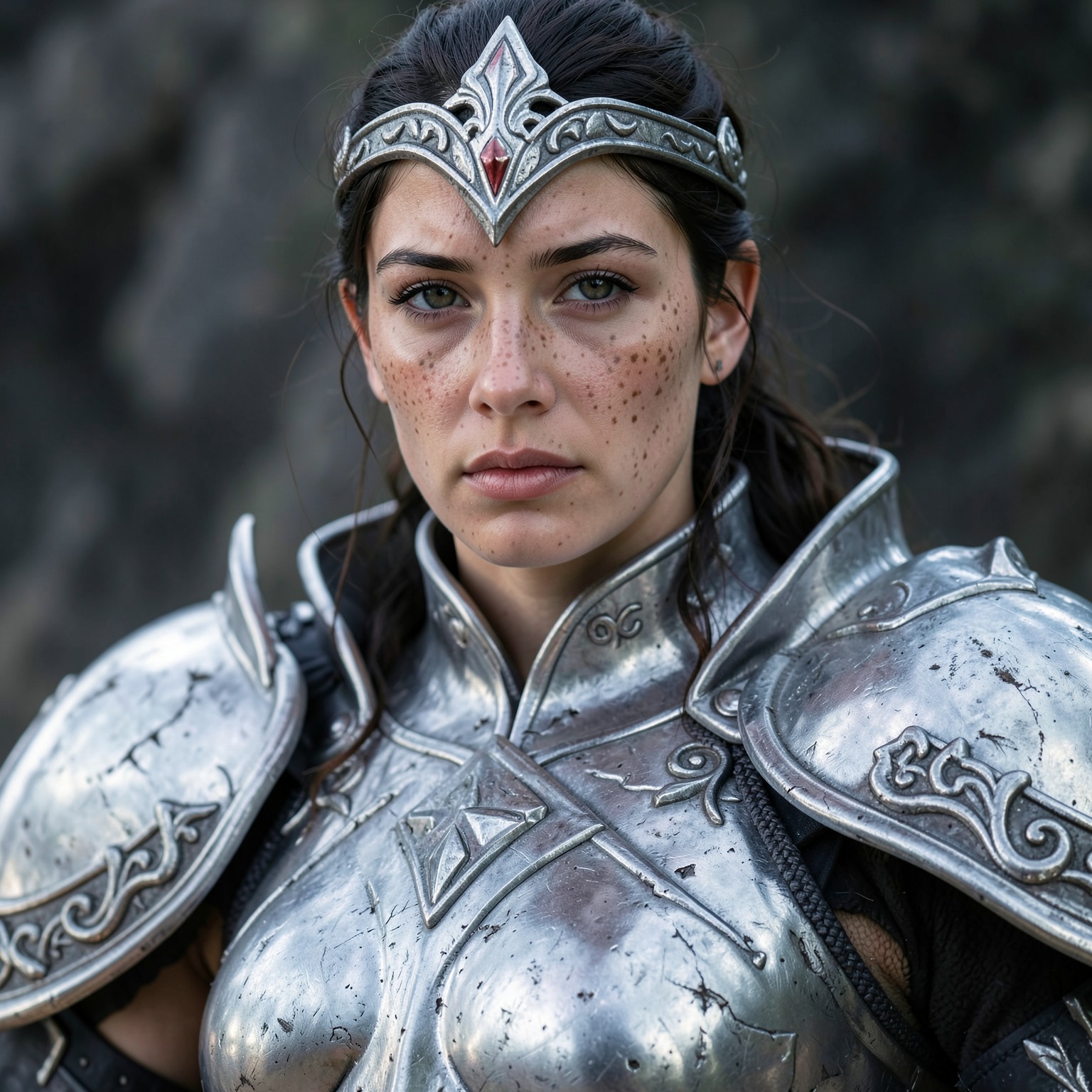Close-up portrait of warrior princess with silver armor and freckles, ultra realistic