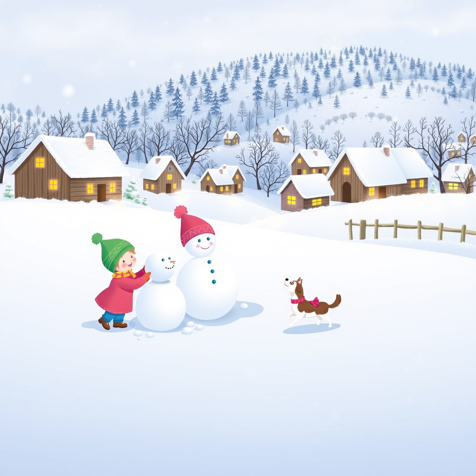 A whimsical winter scene with children building a snowman and a playful dog in a picturesque snow-covered village, soft snowflakes falling gently from the sky.