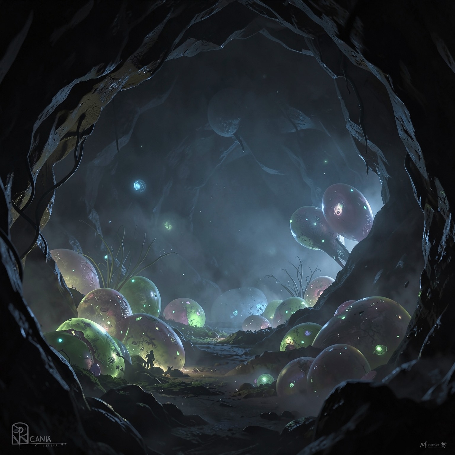 Alien cave with glowing eggs and fog