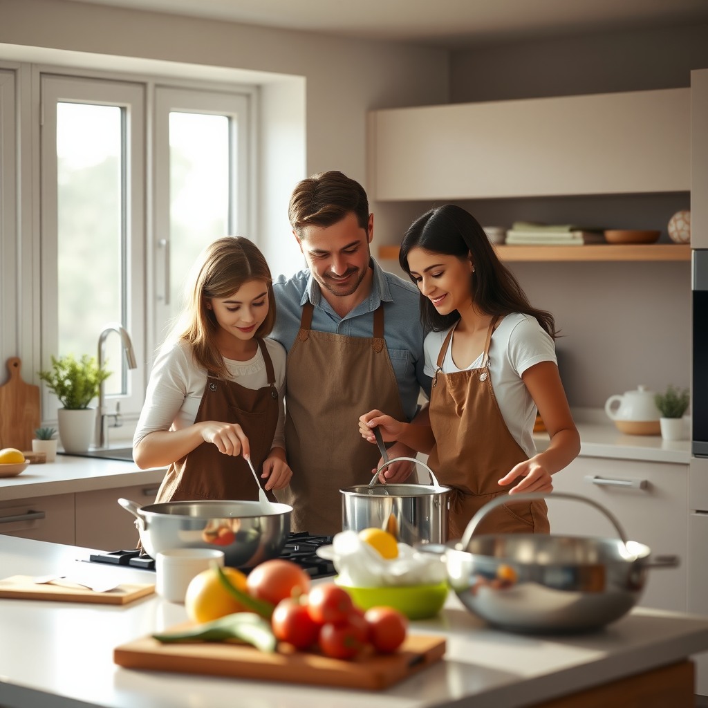 Photo-realistic editorial photography, realistic scene representing a family cooking together in modern kitchen, warm natural lighting