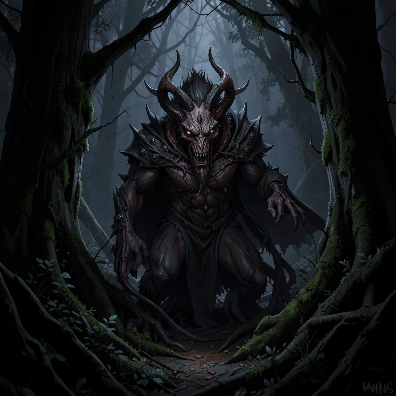 demonic creature hiding in dark forest