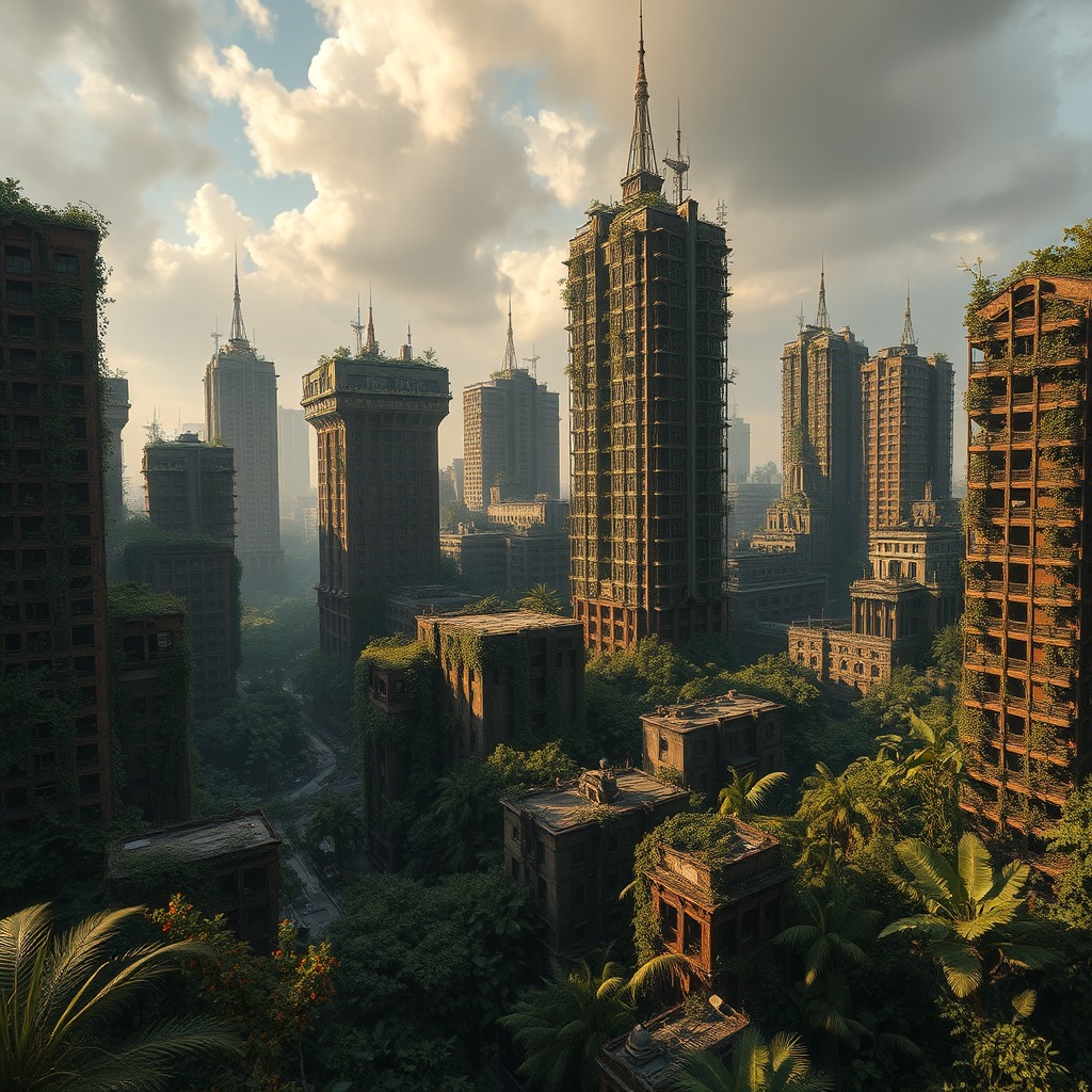 post-apocalyptic city overgrown with nature, abandoned skyscrapers, cinematic atmosphere, ultra detailed