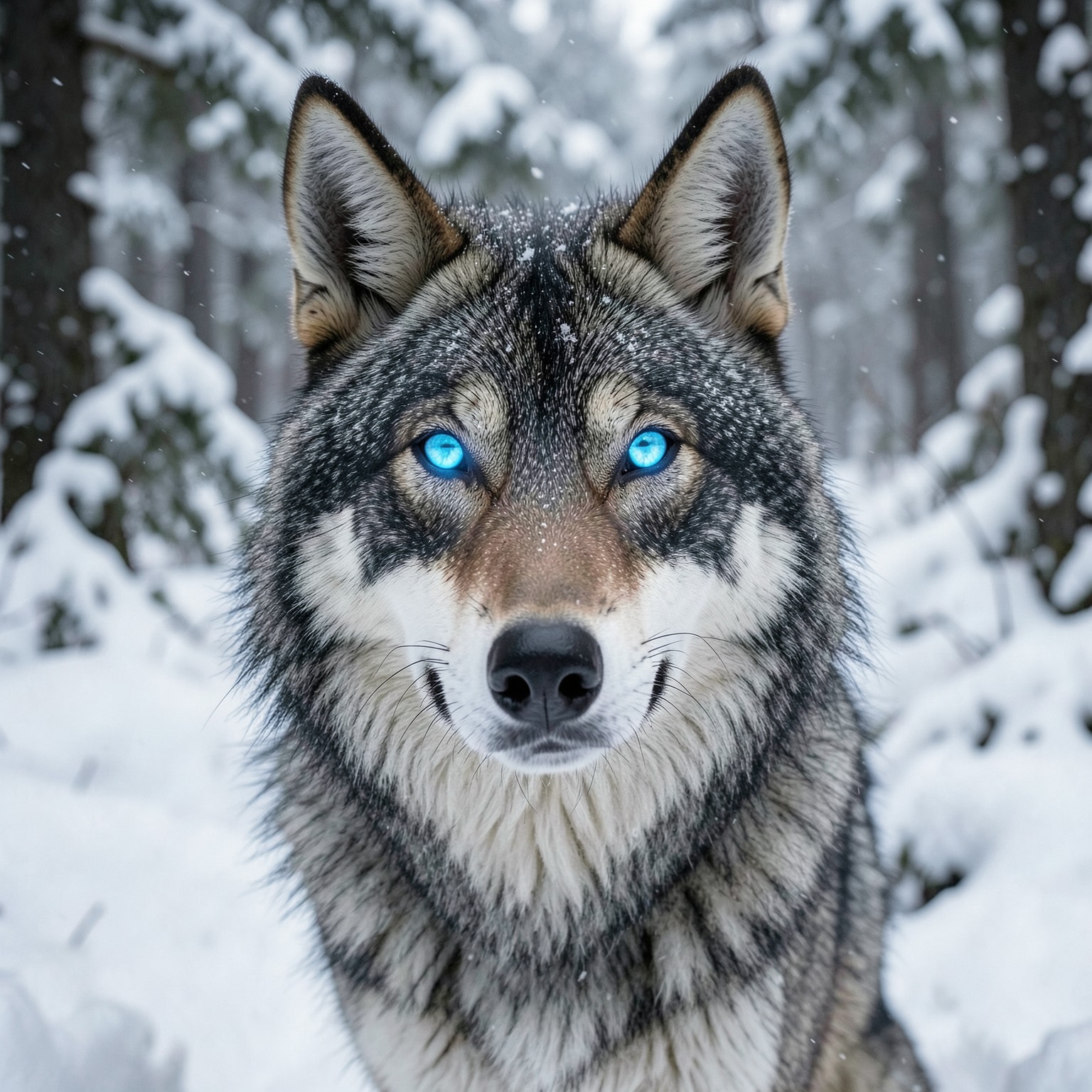 hyper realistic wolf with glowing blue eyes in snowy forest