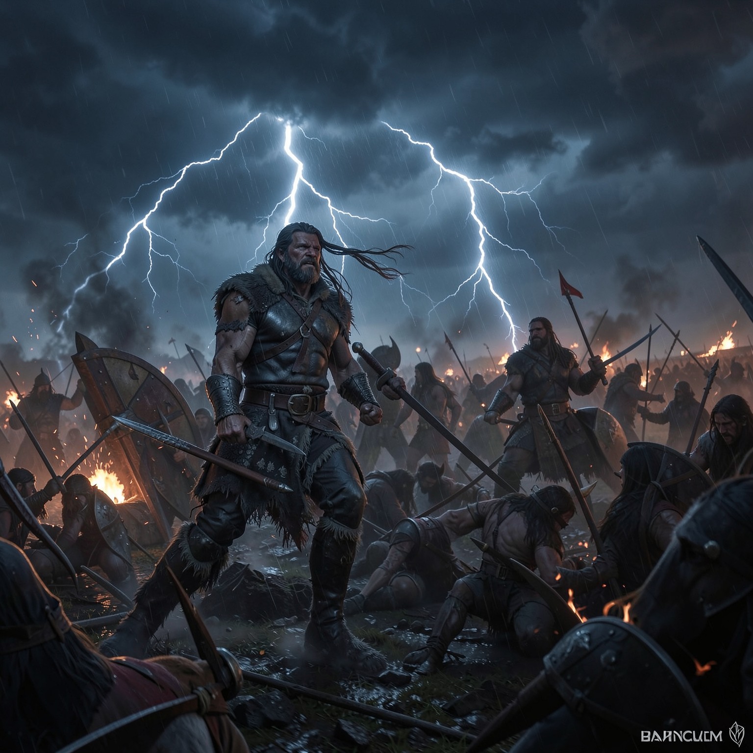 Viking battlefield during thunderstorm