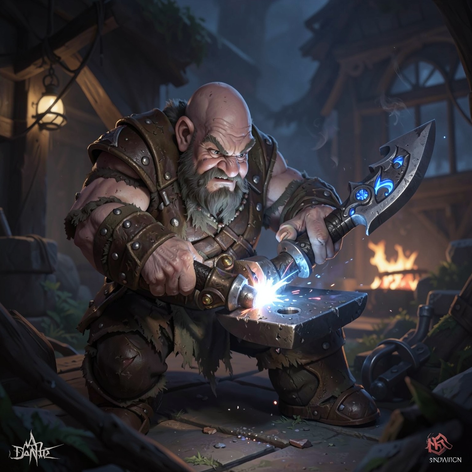 fantasy dwarf blacksmith forging magical weapon