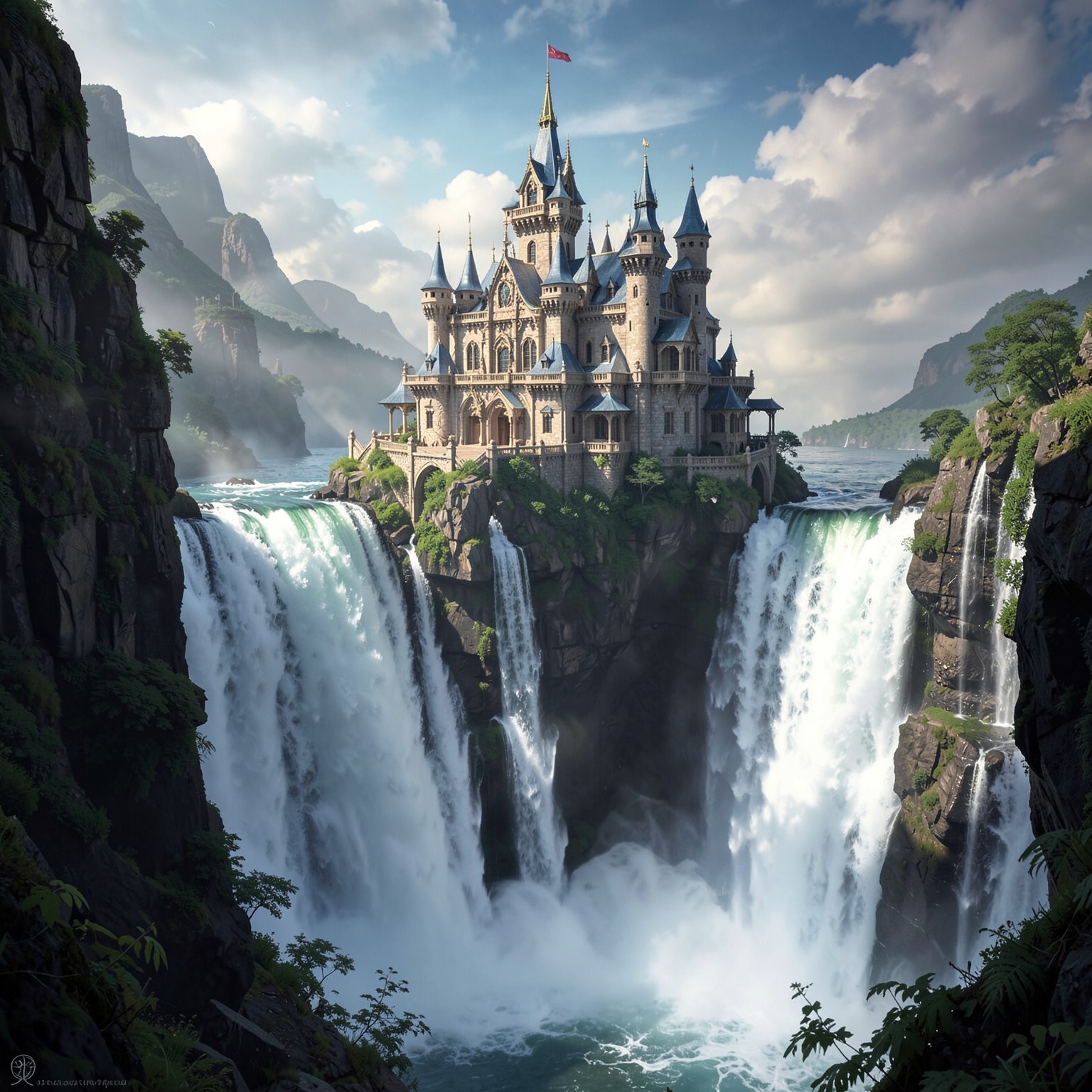 fantasy castle floating above giant waterfall