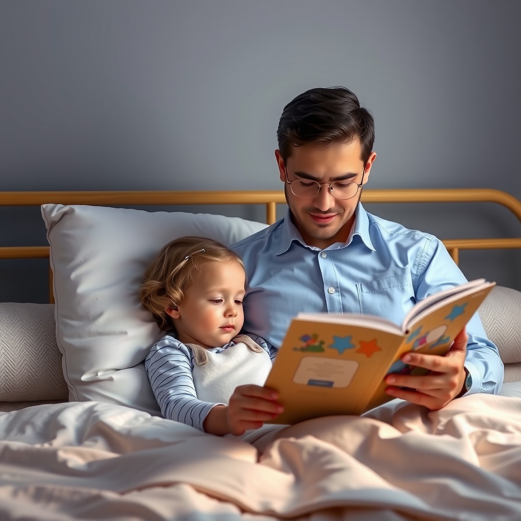 Photo-realistic editorial photography, realistic scene representing parents reading bedtime story to child