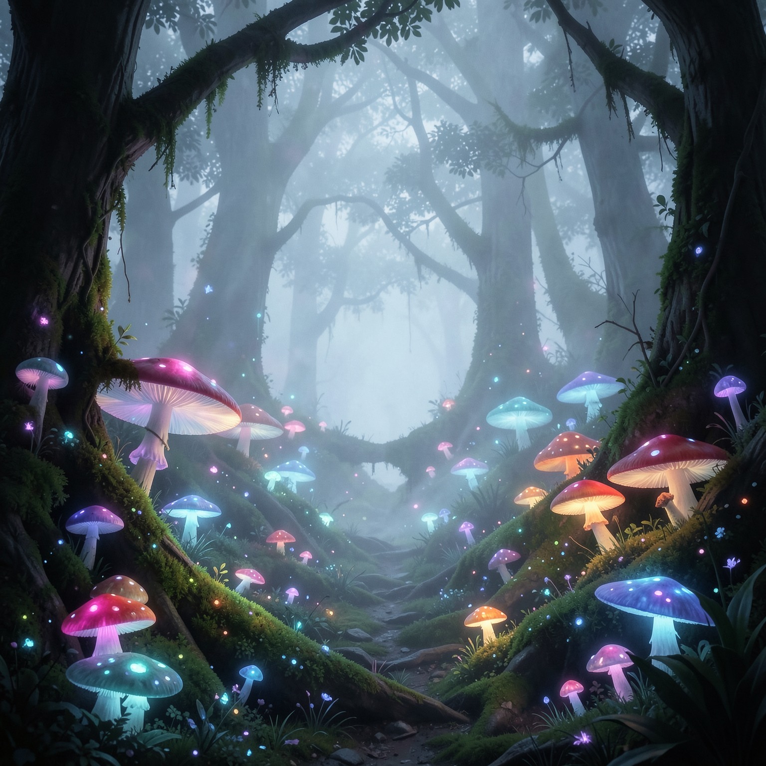 Magical forest with glowing mushrooms and fog