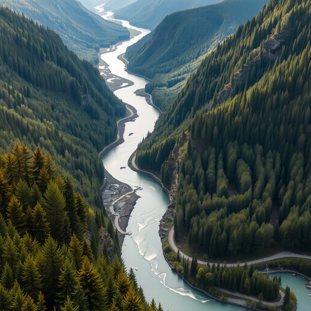 Realistic aerial-style view of winding river through forested valley, balanced composition, natural colors