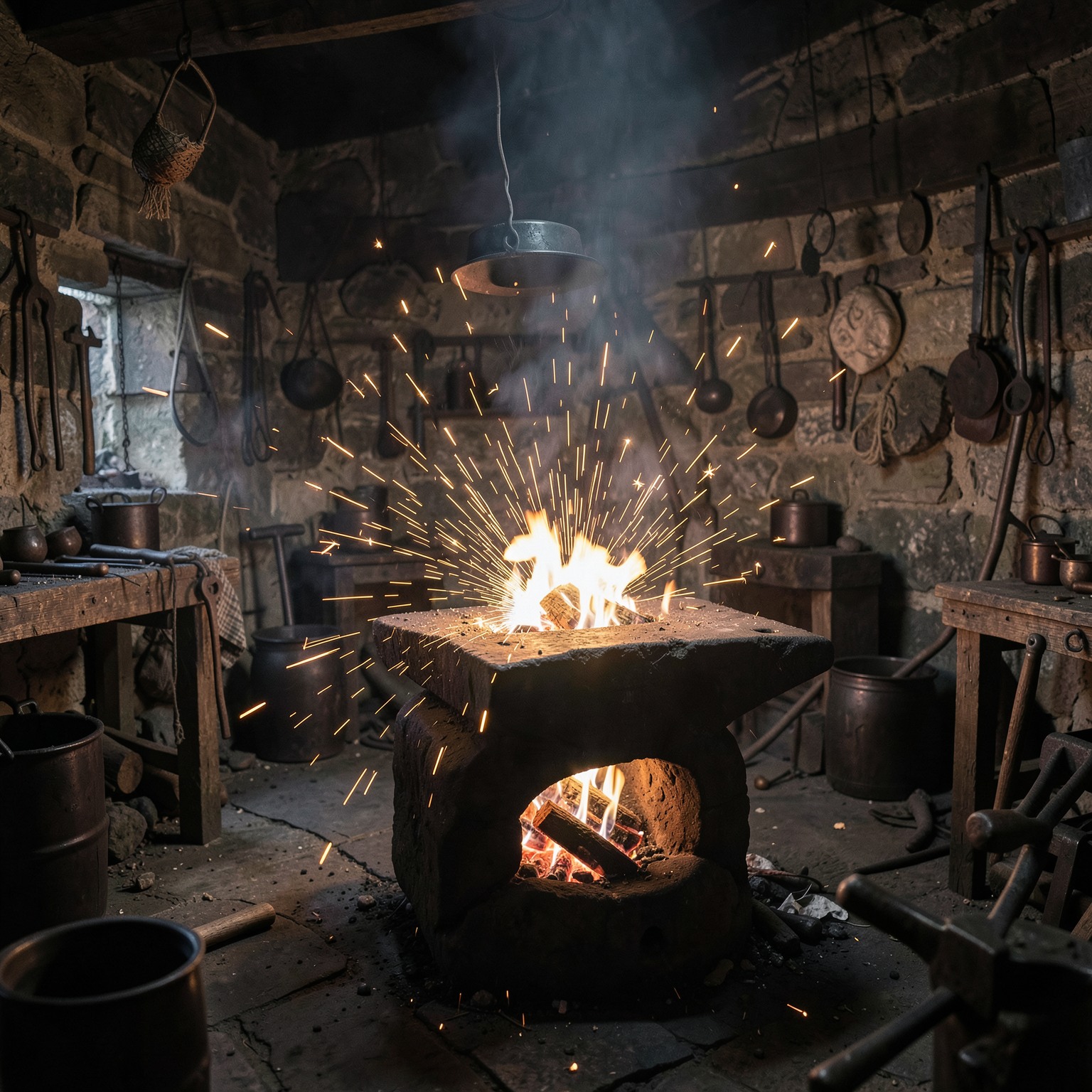 ultra realistic medieval blacksmith workshop, sparks flying, dramatic fire lighting