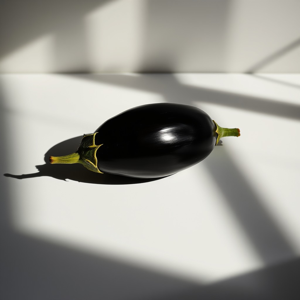 eggplant still life, dramatic shadows, cinematic food photography
