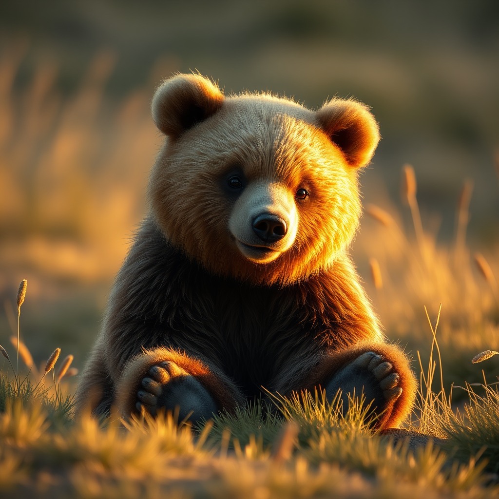 chubby bear, golden hour light, soft glow