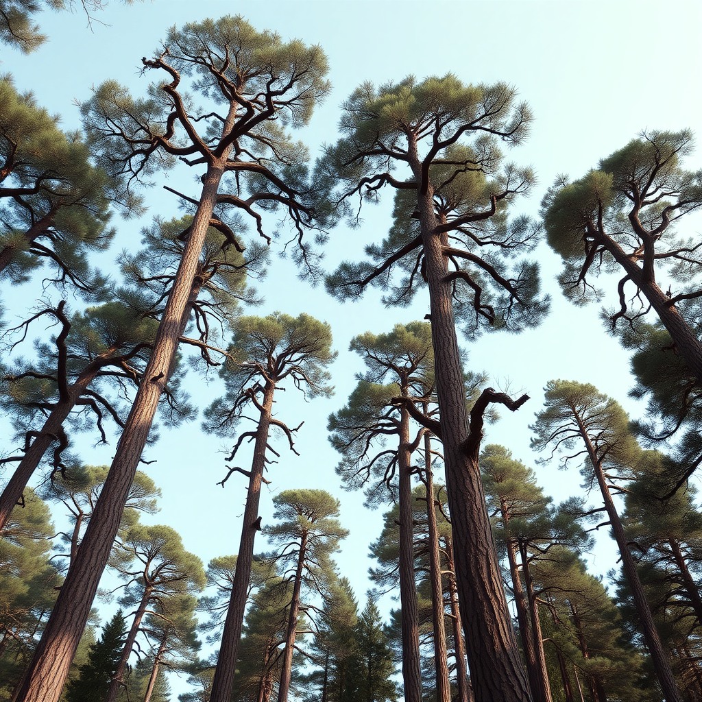 Photo-realistic editorial photography, realistic scene representing tall old trees