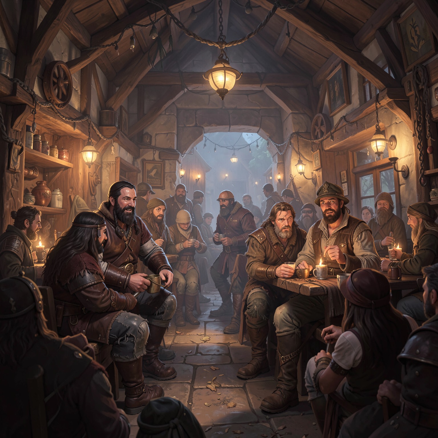 fantasy tavern full of adventurers, warm atmosphere