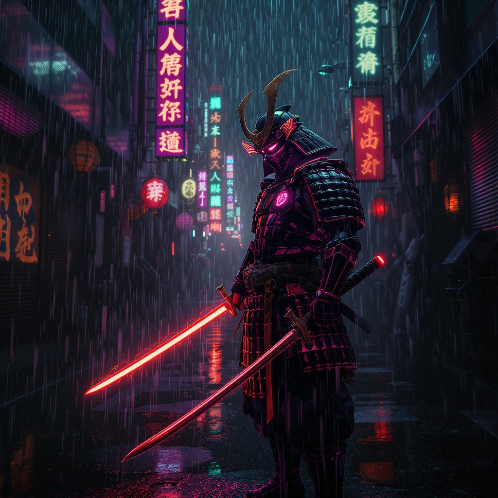 Neon samurai standing in rain-soaked Tokyo alley, cinematic reflections, ultra detailed, moody cyberpunk atmosphere