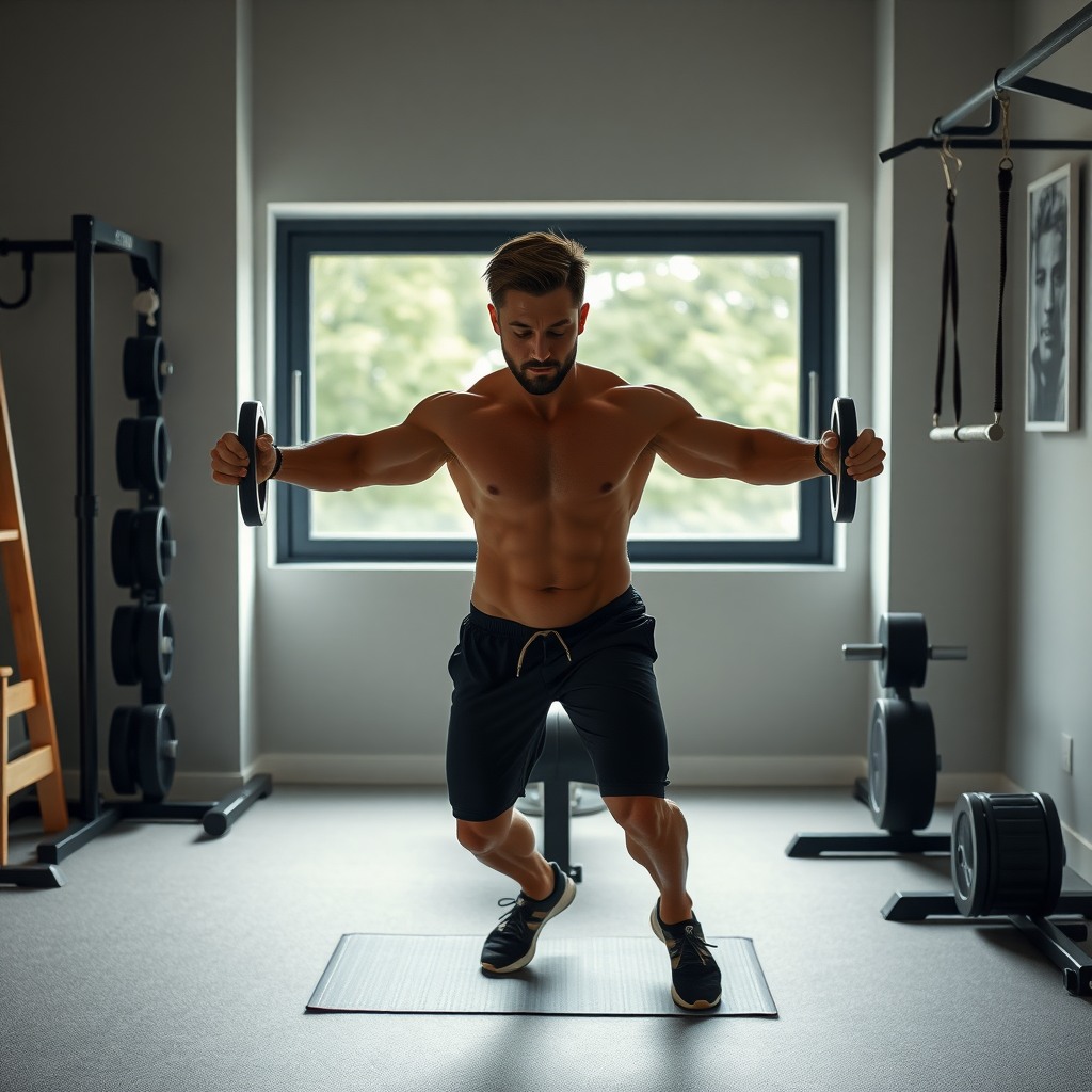 Photo-realistic editorial photography, realistic scene representing a man working out in minimal home gym, natural window light