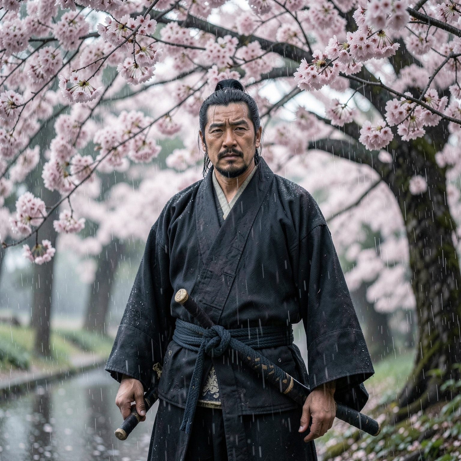 realistic samurai standing under cherry blossoms in rain