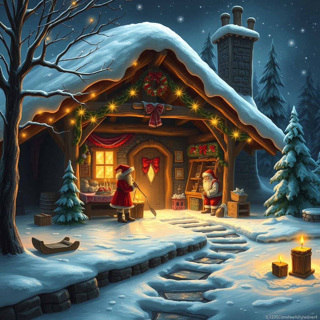 santa workshop with elves, magical lighting, fantasy realism