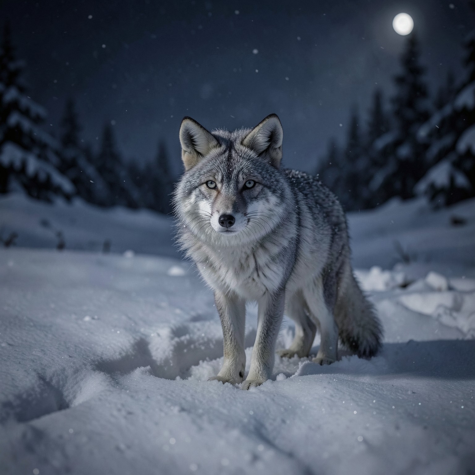 realistic arctic fox in snowy landscape at night