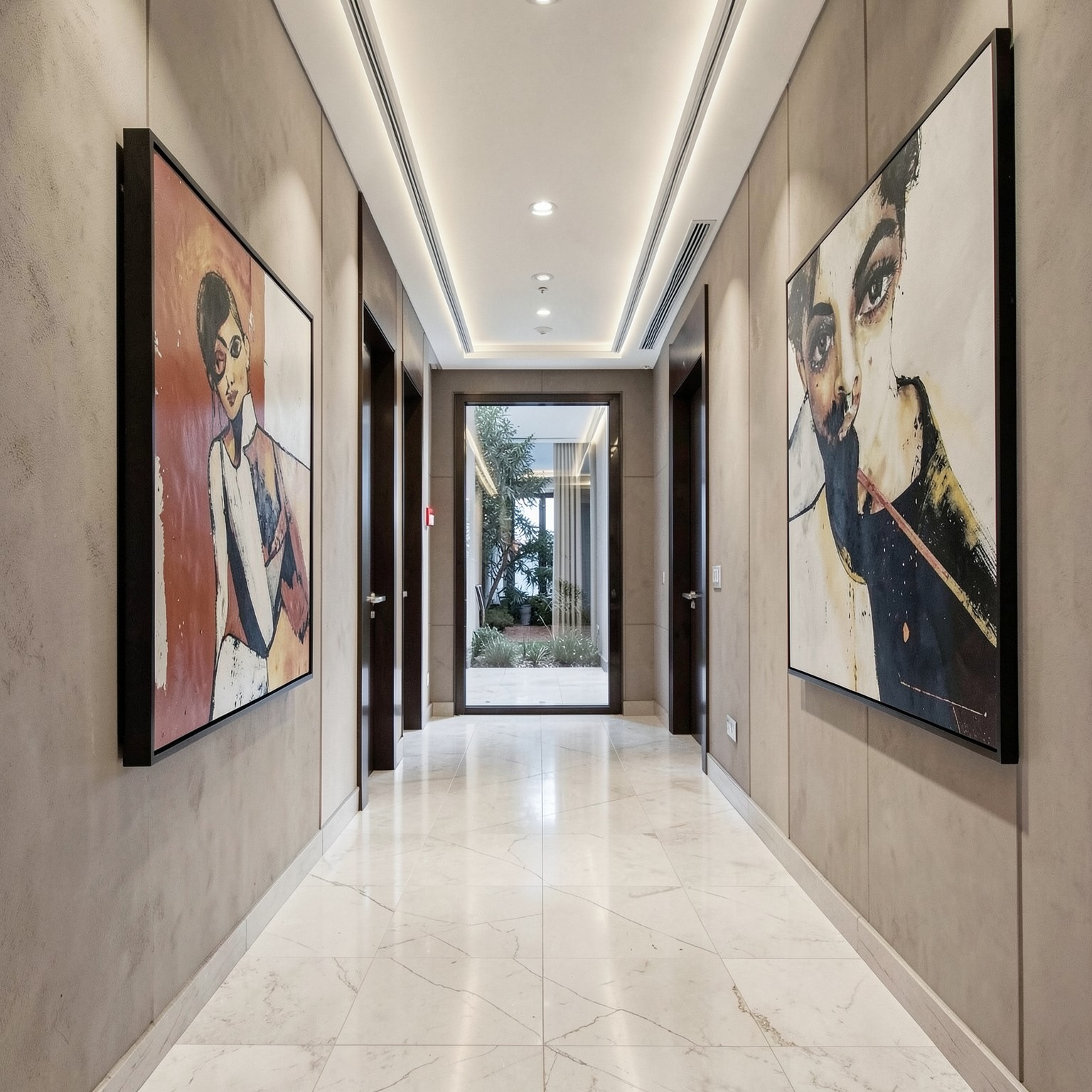 luxury mansion hallway with modern art