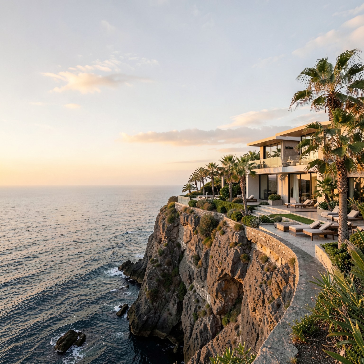 luxury modern villa on a cliff above the ocean during sunset, realistic architecture, palm trees, soft golden light
