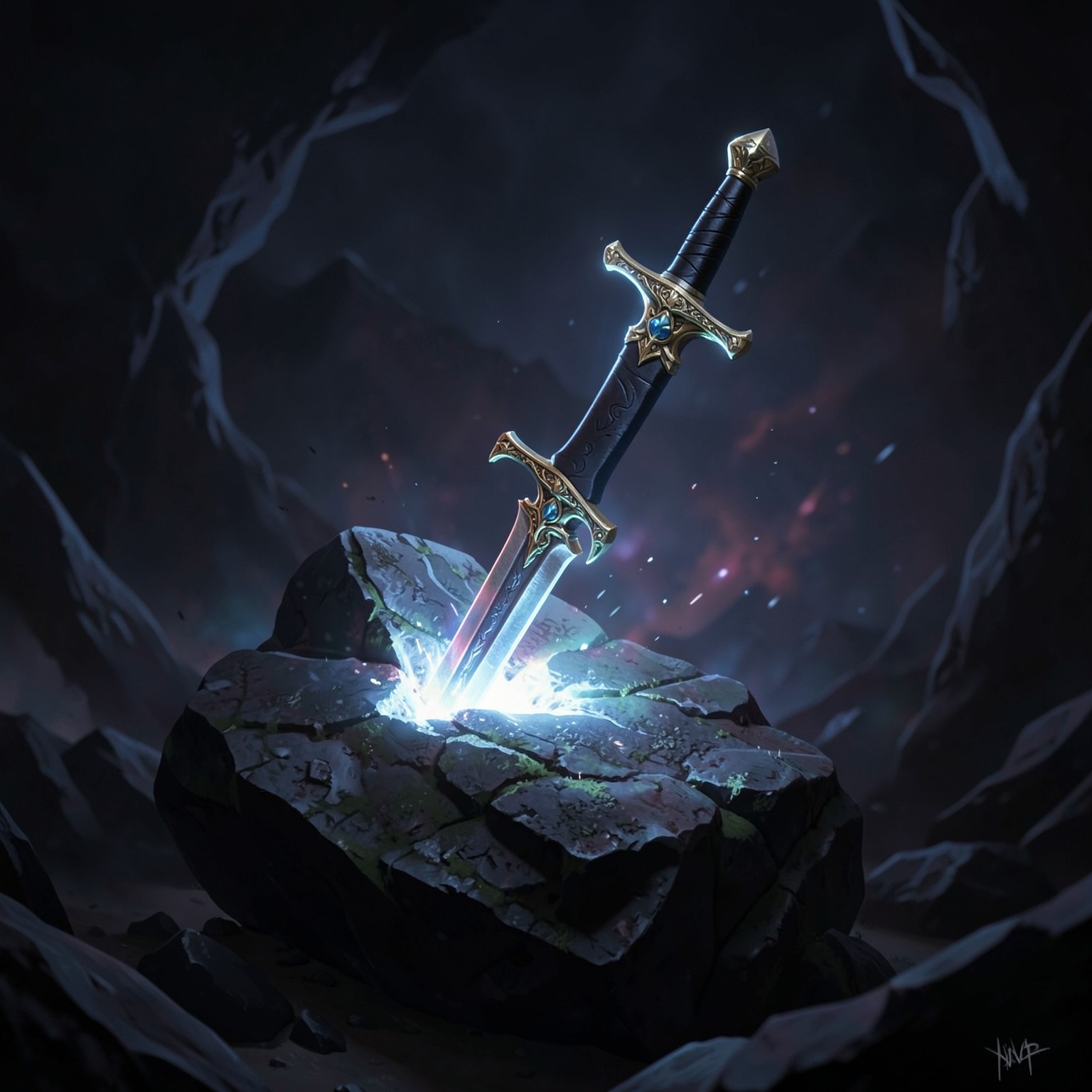 Fantasy sword stuck in glowing stone