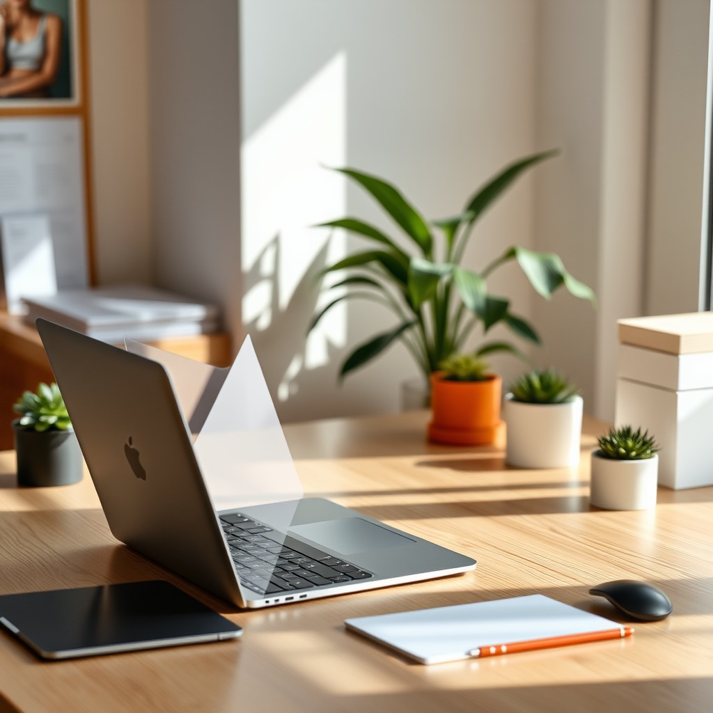 realistic laptop on desk, productivity workspace, natural daylight