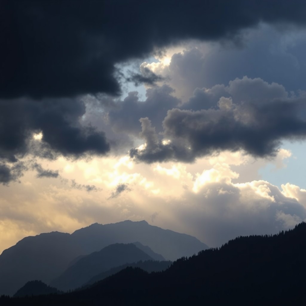 Photo-realistic scene of dramatic storm clouds forming over a mountain range, cinematic realism