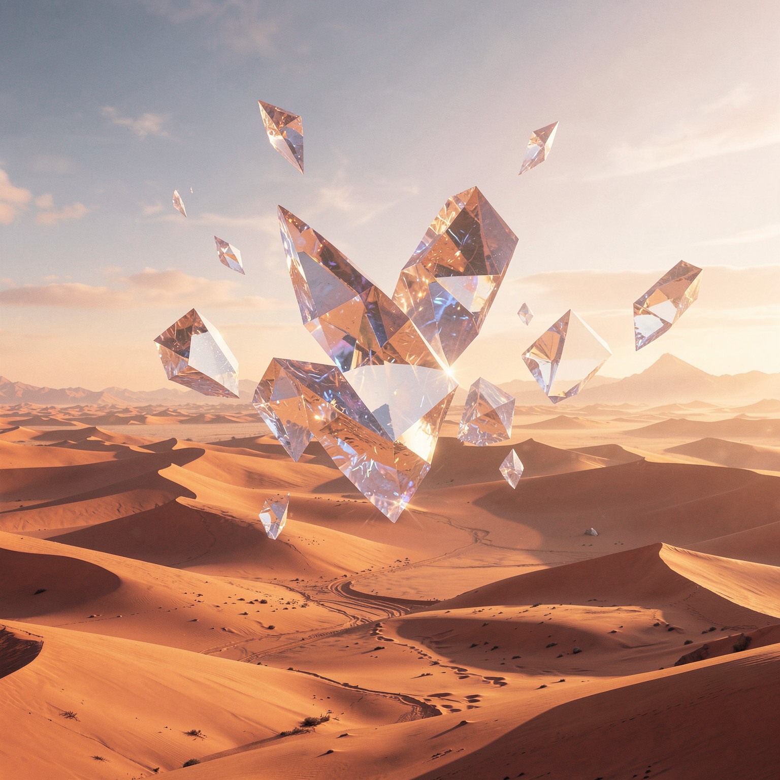 Floating crystal pyramids above endless desert, surreal cinematic landscape