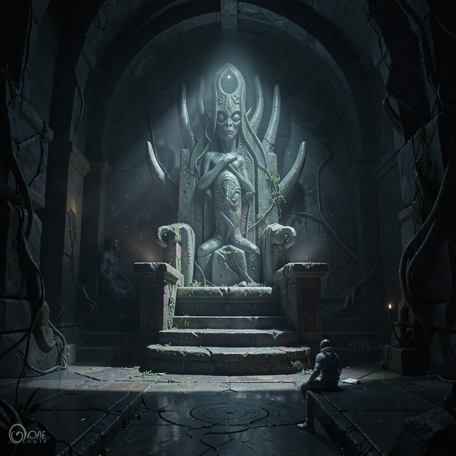 Lonely astronaut discovering ancient alien throne room, cinematic lighting
