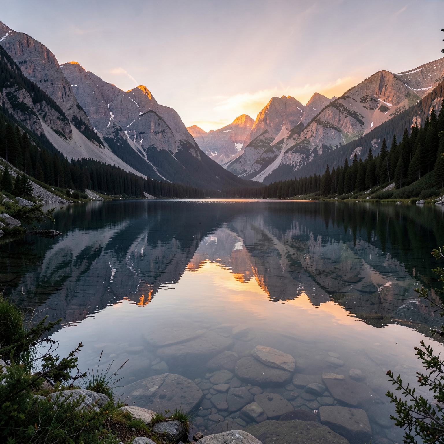 realistic mountain lake reflection during sunrise, ultra detailed nature