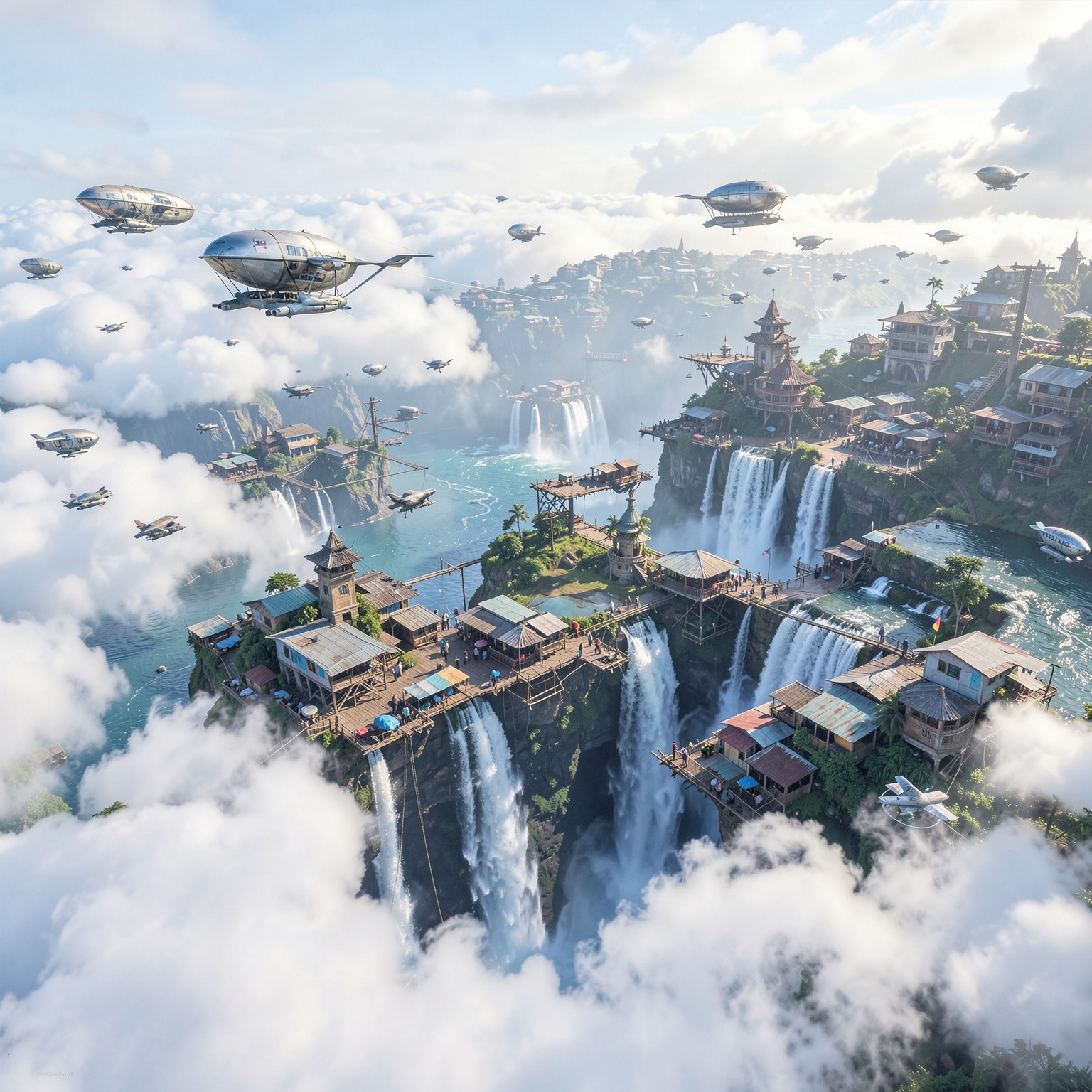 Floating marketplace above clouds with airships and waterfalls