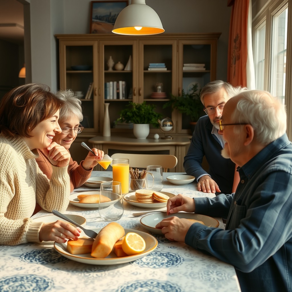 Photo-realistic editorial photography, realistic scene representing a family having breakfast together at dining table