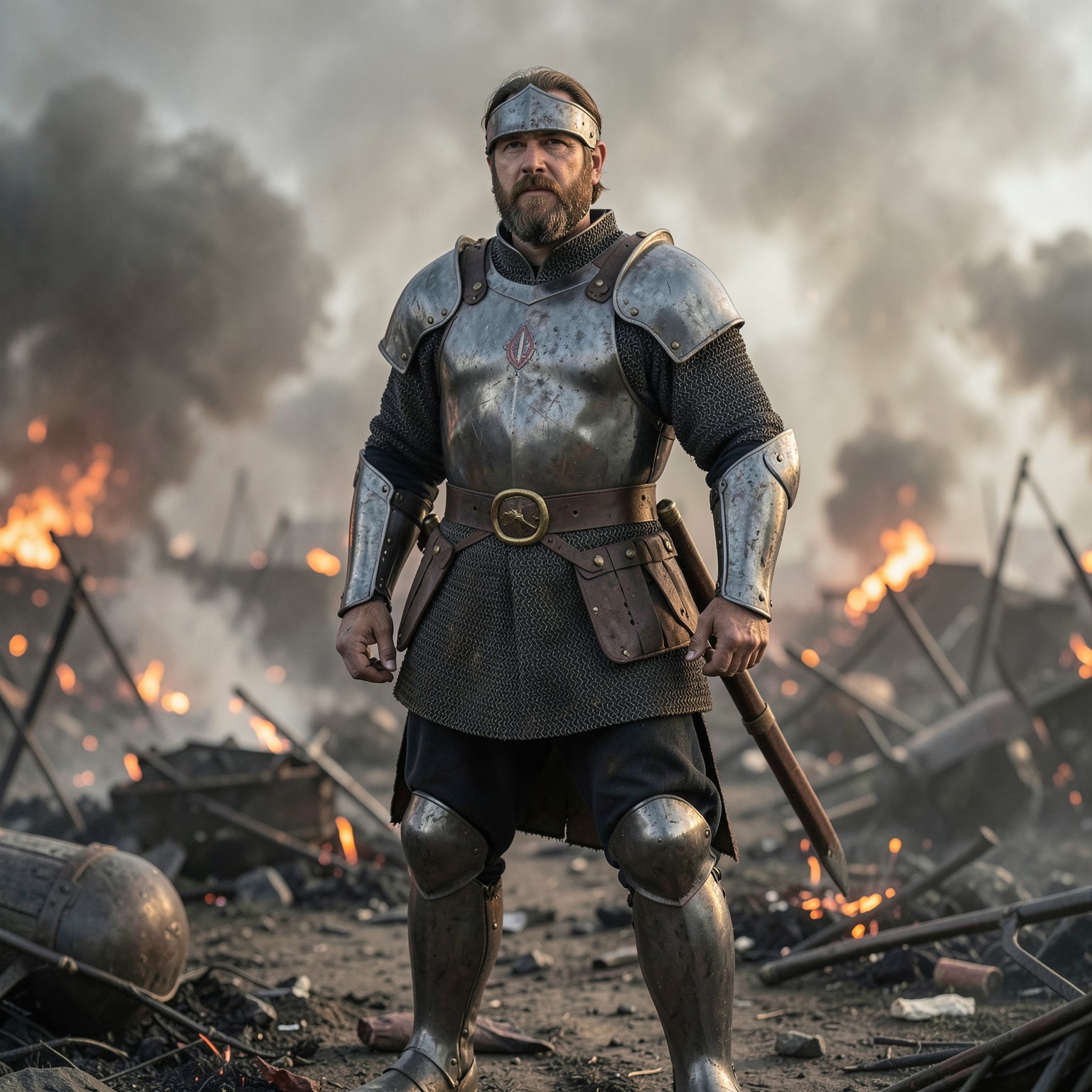 ultra realistic medieval knight standing in battlefield smoke
