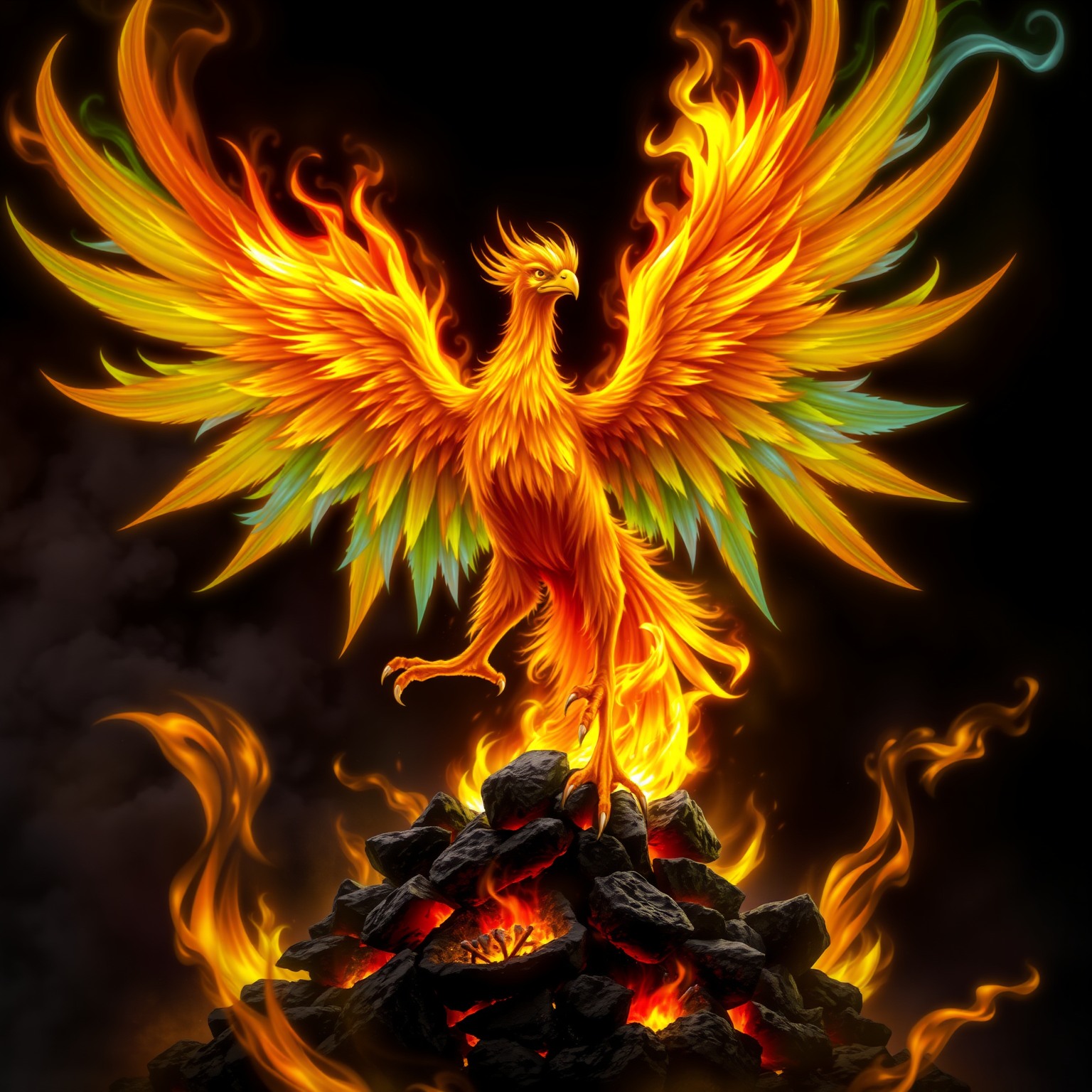 AI image of a vibrant phoenix rising from ashes against a dark background.